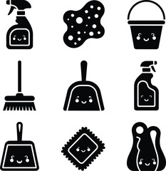 A collection of cute cleaning supplies icons in black and white silhouette style with smiling faces