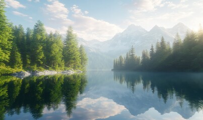 Scenic mountain lake reflecting the surrounding green forest and blue sky, soft golden light creating a peaceful and serene outdoor retreat, tranquil atmosphere,