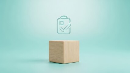 Obraz premium Checklist icon floating above wooden block on soft teal background for quality control and task completion concept