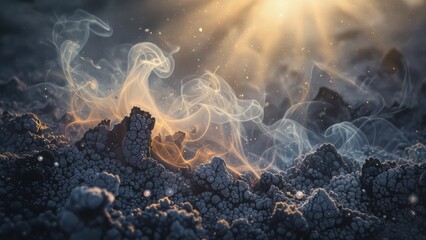 Mystical Smoke Over Dark Rocks