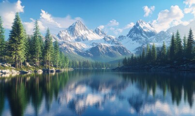 Fototapeta premium Scenic mountain landscape with snow-capped peaks, a crystal-clear lake, and pine trees reflected in the calm water