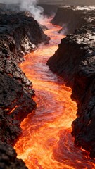 Fototapeta premium Lava flow cutting through volcanic landscape