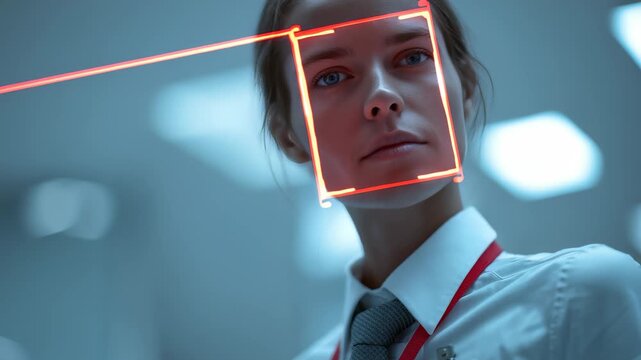 A professional woman in formal attire is analyzed by a red facial recognition interface, highlighting cutting edge security trends. The scene captures innovation in biometric authentication