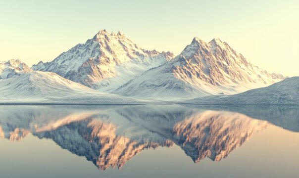 Scenic mountain range with snow-covered peaks reflecting in a calm lake, soft golden light enhancing the serene and tranquil atmosphere, peaceful outdoor retreat, - Powered by Adobe