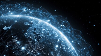 A luminous, abstract depiction of the Earth, interwoven with glowing lines representing global networks and connections, against a dark backdrop