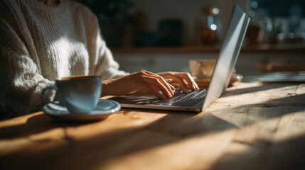 Fototapeta premium close up of hands typing on laptop with coffee in sunny home office