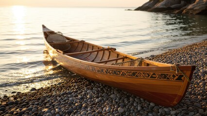 Traditional Canoe on Rocky Beach at Sunset