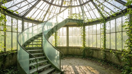 Abandoned Spiral Staircase in Glasshouse