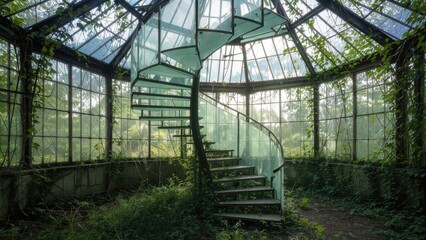Abandoned Spiral Staircase in Overgrown Greenhouse