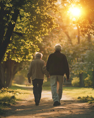 two elderly people holding hands walking through sunny park path