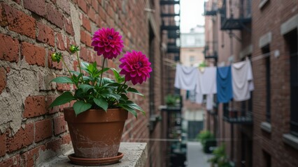 Urban Alleyway with Vibrant Dahlias
