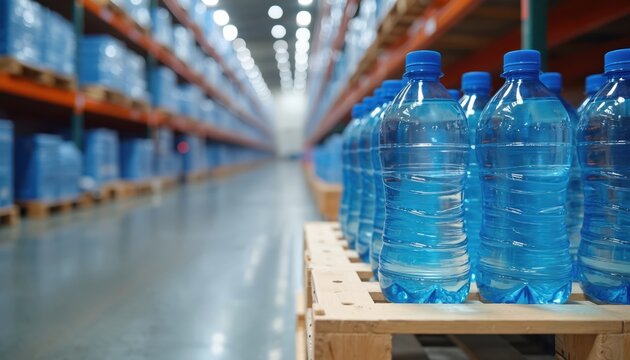 Rows of bottled water sit on wooden pallets inside large distribution warehouse. Tall shelves filled with blue packaged goods stretch into distance under bright overhead lights. Clean, organized,