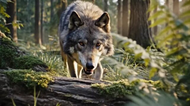 Majestic wolf walks through sunlit forest path surrounded by lush green ferns and mossy logs