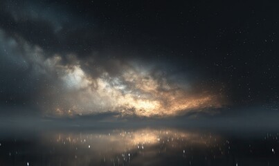 Fototapeta premium Scenic night sky filled with bright stars and a glowing Milky Way galaxy, soft ambient light from the horizon creating a breathtaking cosmic view,