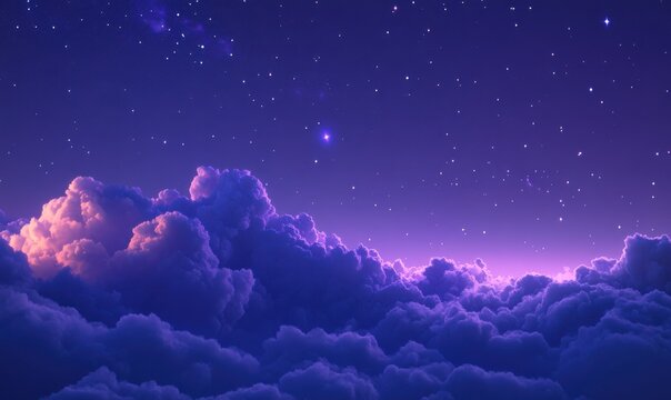 Scenic night sky filled with glowing stars and a vibrant purple nebula, soft clouds blending seamlessly with the cosmic background