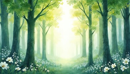Watercolor painting of rich green forest with dappled sunlight filtering through trees. Small white wildflowers carpet forest floor, creating serene, tranquil natural setting. Path leads into bright,