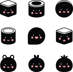 A delightful collection of cute minimalist black kawaii characters and food-related icons