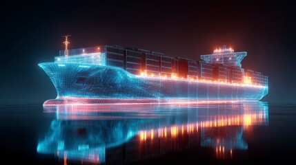 A luminous, low-poly digital rendering of a cargo ship glows with blue and orange light against a black background
