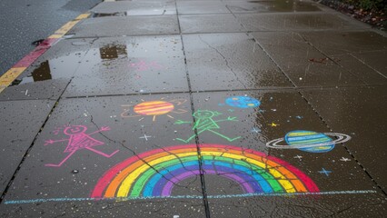Rainbow Chalk Art on Wet Pavement