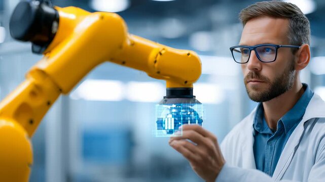 A scientist with glasses analyzes futuristic data displayed by a robotic arm in a high tech research facility. The scene highlights artificial intelligence and robotics integration