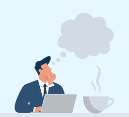 Businessman thinking at laptop with coffee and blank thought bubble, flat vector illustration of creative brainstorming at work, Business Brainstorming, Creative Workplace Thinking