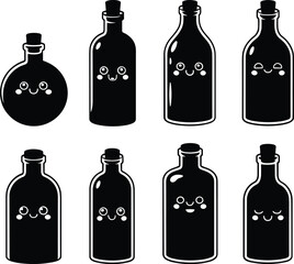 Adorable set of minimalist black bottle silhouettes with happy kawaii faces