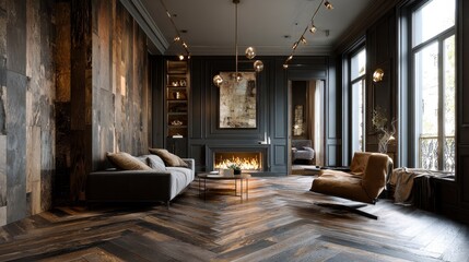 A luxurious living room bathed in soft light, featuring a modern sofa, fireplace, and hardwood flooring