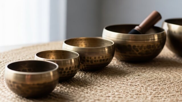 Various size bronze singing bowl set with mallet on woven mat. Sound therapy for well-being and mindful meditation. Relaxation instrument for yoga or calm - Powered by Adobe