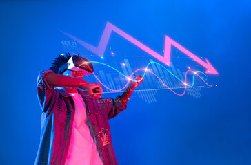 A young person explores economic trends through the lens of virtual reality, utilizing technology to visualize data and navigate potential financial crises and downtrends. XDMCP