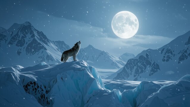 Wolf Howling at the Moon in Snowy Mountains