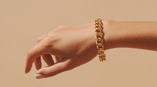 Close-up of a woman&rsquo;s wrist wearing a gold chain bracelet on a beige background