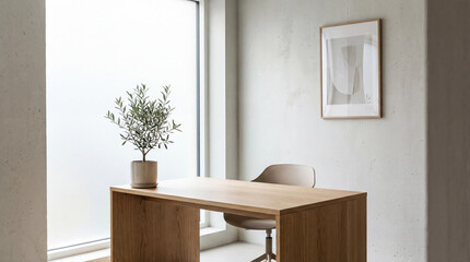 Fototapeta premium A bright workspace features a wooden desk, chair, and a potted olive tree by a frosted window. An abstract art piece hangs on a textured wall.