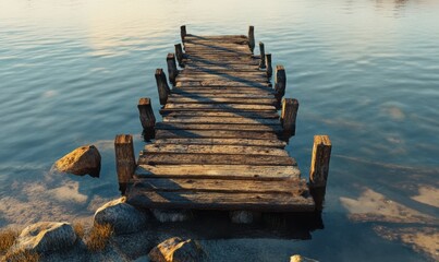 Old wooden pier extending into calm water surrounded by rocks.