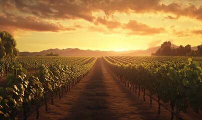 Fototapeta premium Sunset casts golden light over vineyard under cloud-filled sky.