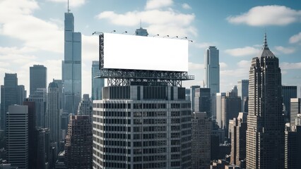 Naklejka premium Blank Billboard Mockup on Modern City Skyscraper. Urban Cityscape with Advertising Space, Ideal for Business, Marketing, and Design Presentations. Day View with Blue Sky.