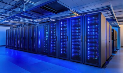 Server room filled with blue-lit racks of computer equipment.