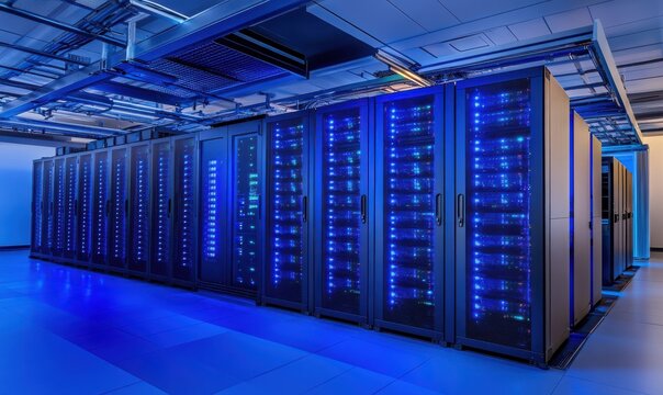 Server room filled with blue-lit racks of computer equipment. - Powered by Adobe