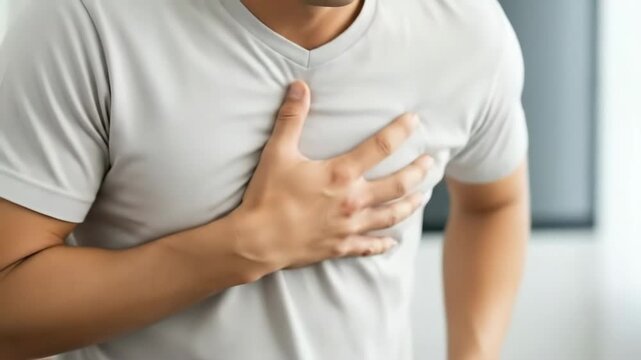 Caucasian mean experiencing chest pain and heart attack symptoms, health crisis and medical emergency concept.