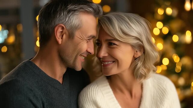Loving middle-aged couple sharing intimate moment on Christmas eve, close-up portrait of romantic connection, festive mood, vertical format, with copy space