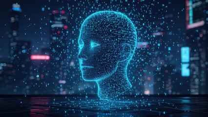 Digital AI Head Futuristic Cityscape