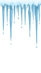 Sharp blue icicles with melting drops on white background