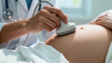 Doctor performing prenatal ultrasound scan on pregnant woman's belly during medical checkup close-up.
