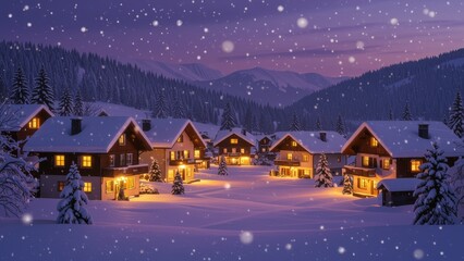 Snowy Village at Night