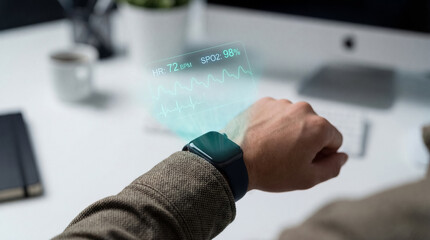 A person's wrist displays health metrics via a watch that projects a holographic interface. The metrics include heart rate and SpO2 levels on a bright desk.