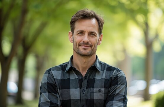 Medium shot of a smiling man with short brown hair and stubble. He wears a grey and black plaid shirt. Background is a blurred green park with trees. Man appears confident and casual.