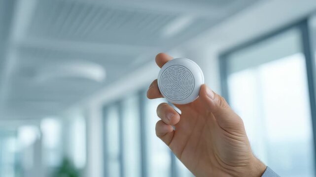 A person presents a compact wireless sensor, emphasizing advancements in smart home and office automation. The image highlights cutting edge technology and the future of connected devices