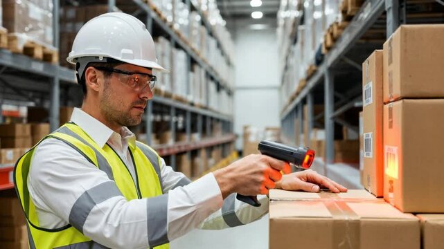 Warehouse male worker scanning shipping boxes with handheld barcode reader during inventory check.