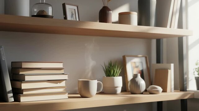 Cozy home interior with books, coffee cup, plant, and decorative items on wooden shelves near window, 4k videos