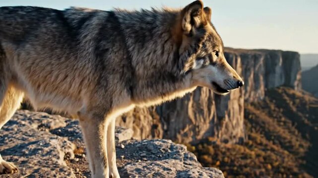 Majestic wolf standing on rocky cliff edge overlooking vast canyon landscape at sunrise golden