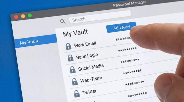 A hand taps Add New on a password manager application. The screen displays a list of websites with corresponding encrypted passwords, securing digital access. - Powered by Adobe